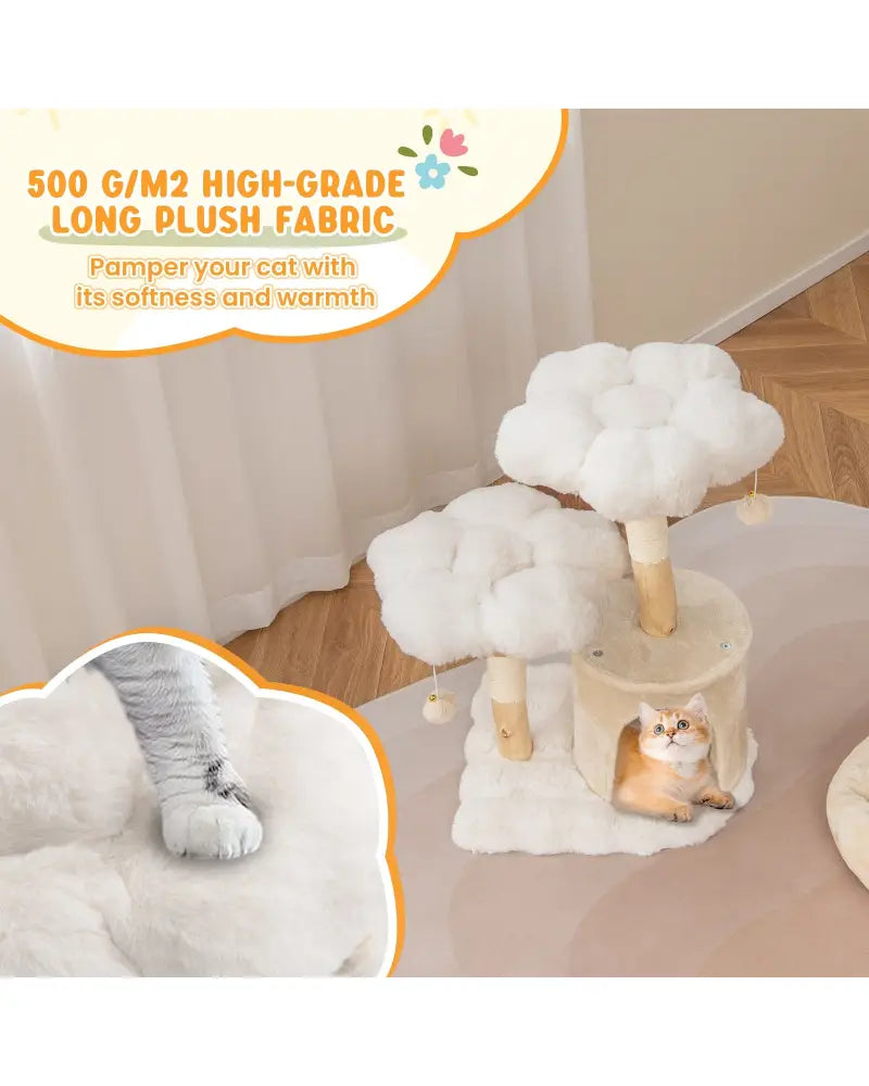 Cute Solid Wood Cat Tree Natural Branch Modern Flower Cat Tower with Sisal Scratching Posts-Beige - Beige - Cat Trees