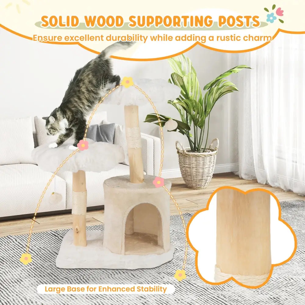 Cute Solid Wood Cat Tree Natural Branch Modern Flower Cat Tower with Sisal Scratching Posts-Beige - Beige - Cat Trees