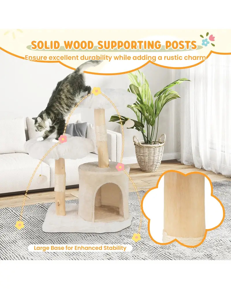 Cute Solid Wood Cat Tree Natural Branch Modern Flower Cat Tower with Sisal Scratching Posts-Beige - Beige - Cat Trees