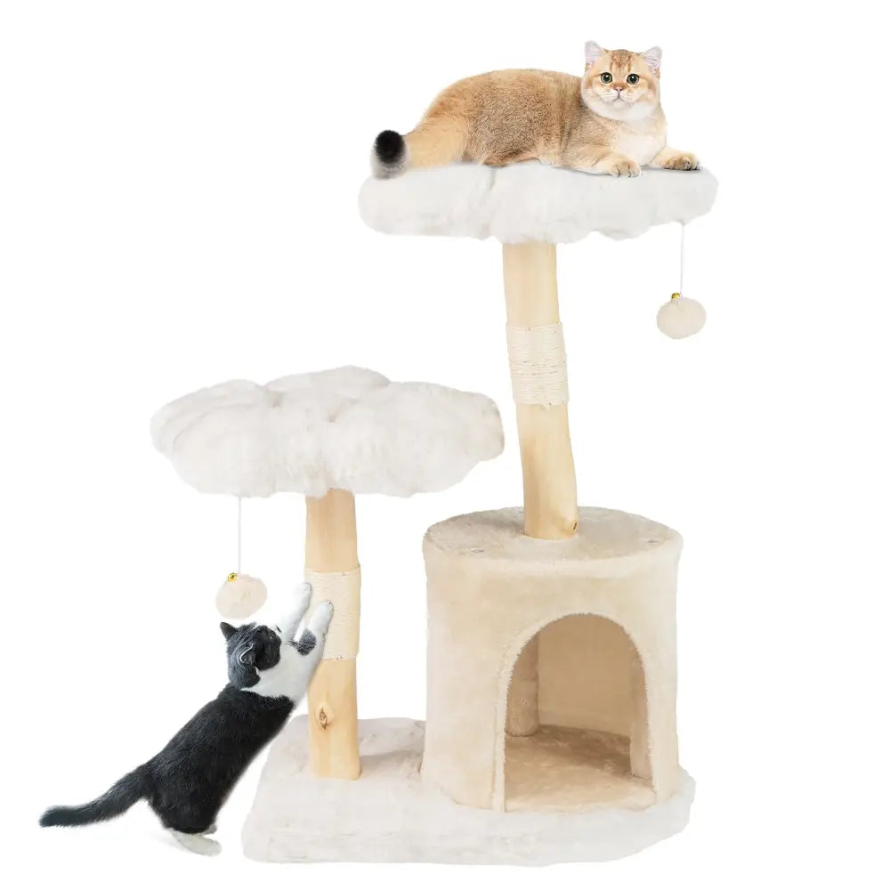 Cute Solid Wood Cat Tree Natural Branch Modern Flower Cat Tower with Sisal Scratching Posts-Beige - Beige - Cat Trees