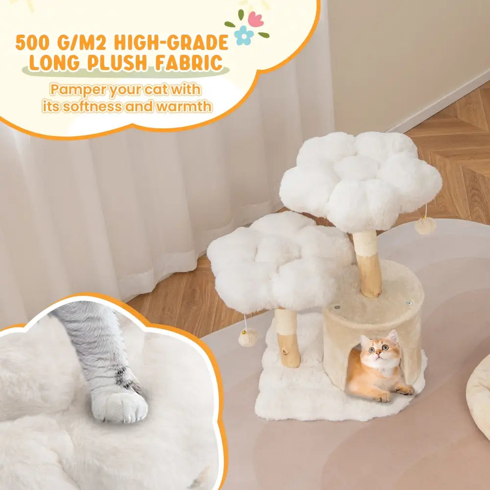 Cute Solid Wood Cat Tree Natural Branch Modern Flower Cat Tower with Sisal Scratching Posts-Beige - Beige - Cat Trees