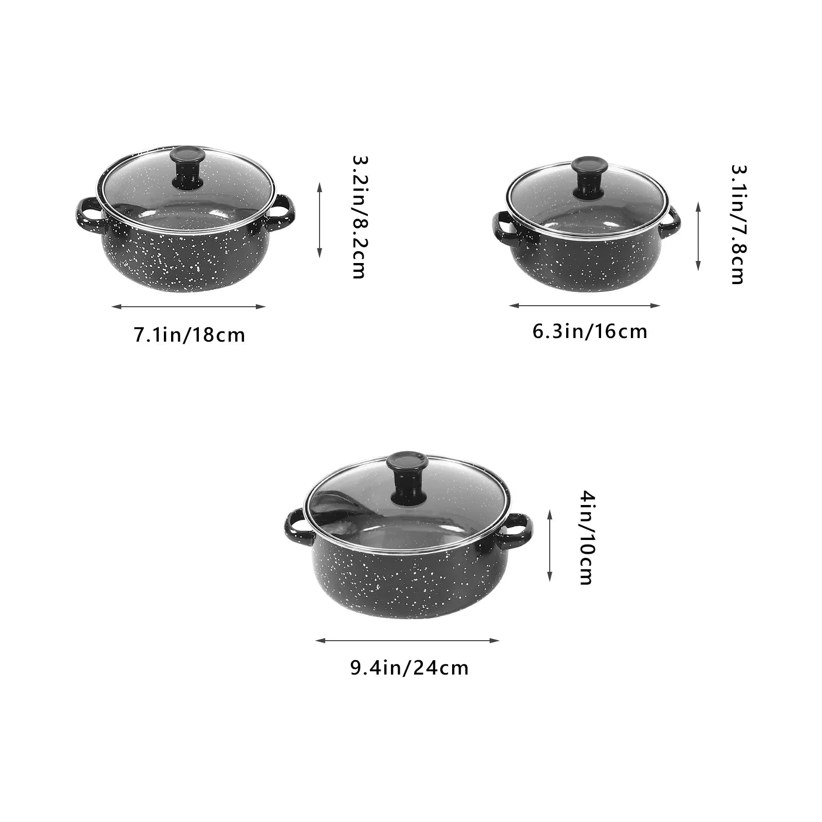Set of three black cookware pots with lids and their dimensions on a white background