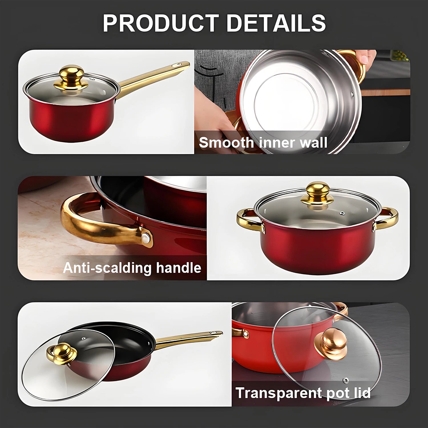 Red cookware set with gold handles featuring smooth inner wall, anti-scalding handle, and transparent pot lid.