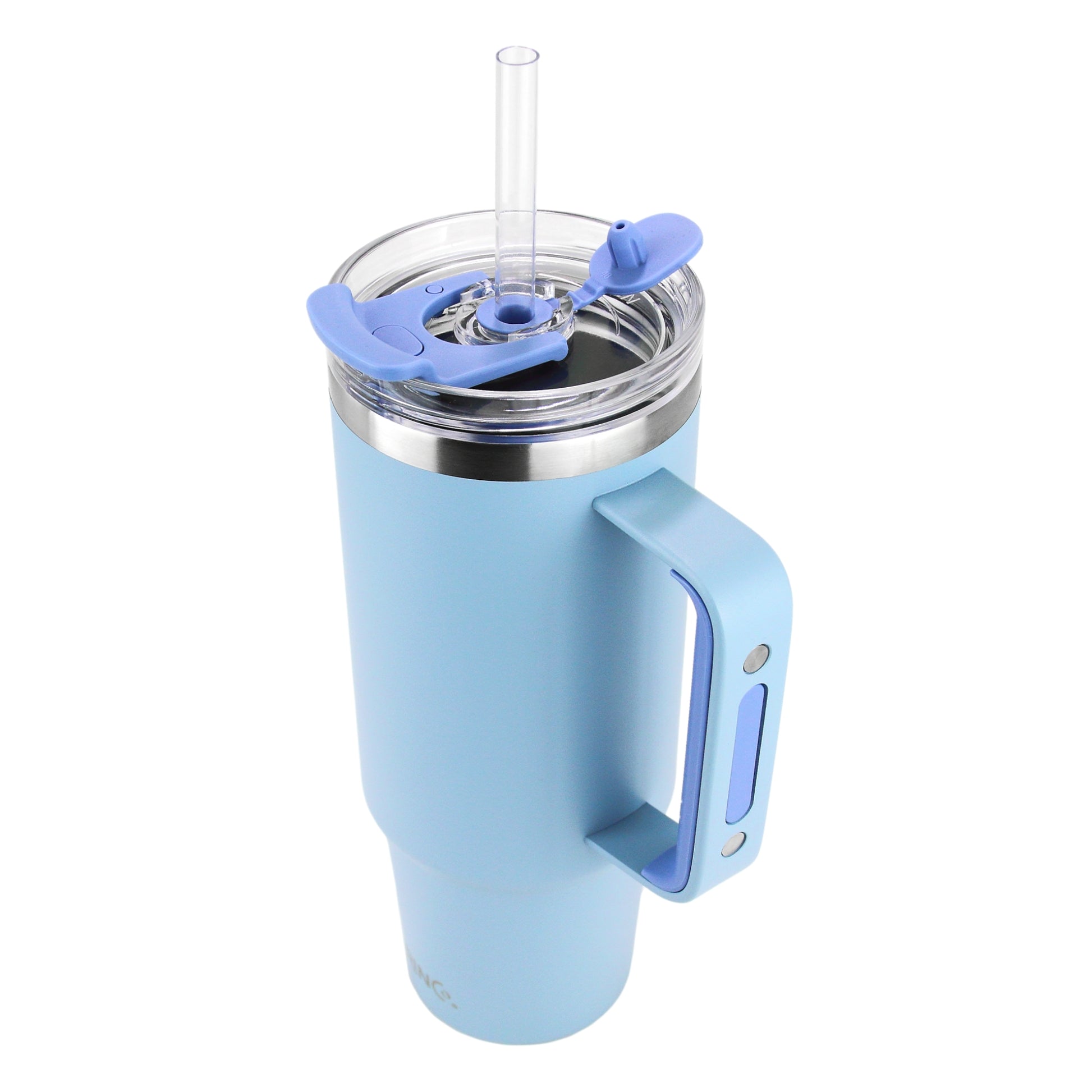Light blue tumbler with handle and straw lid on a white background