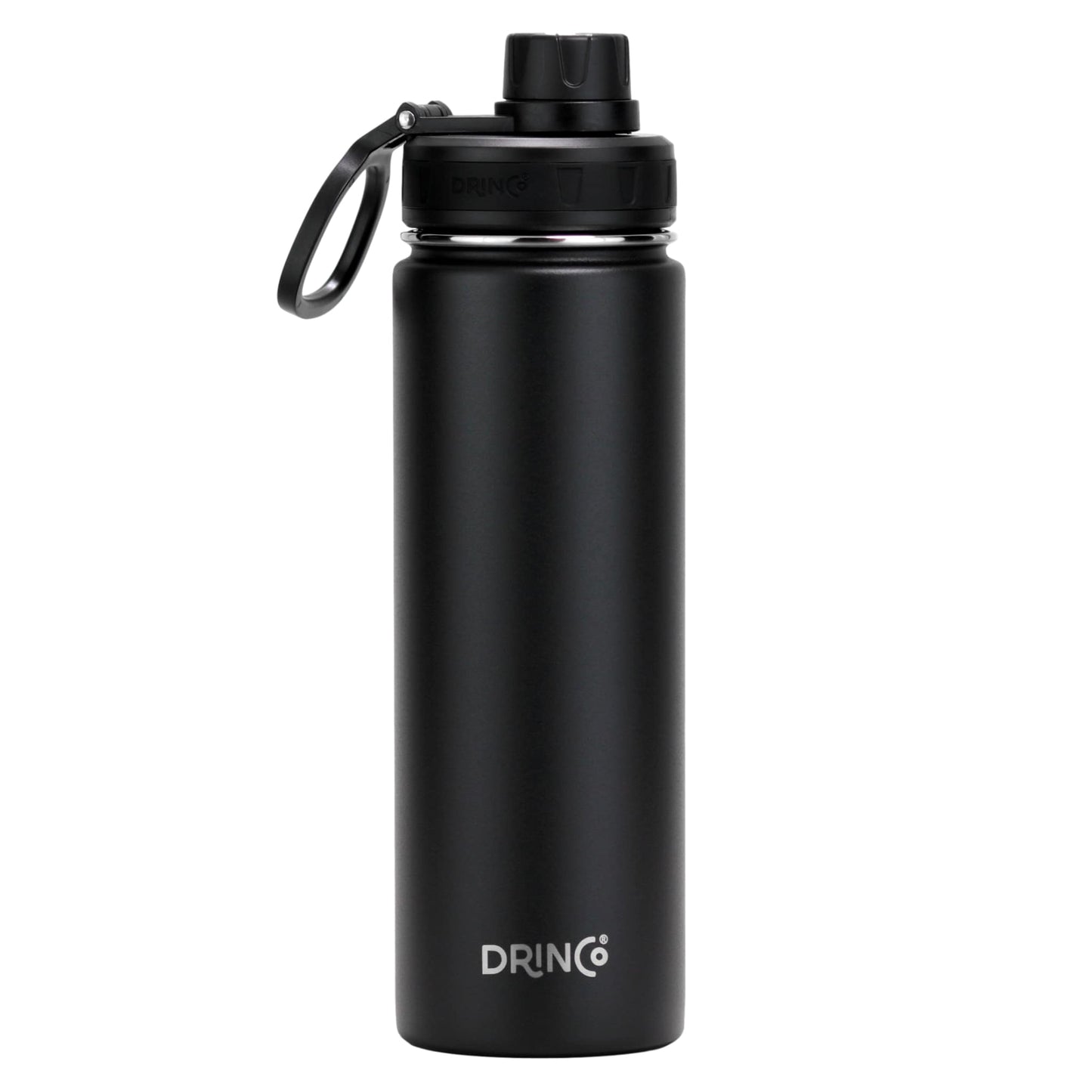 Black water bottle with DRINCO logo on a white background