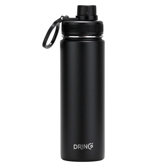 Black water bottle with DRINCO logo on a white background