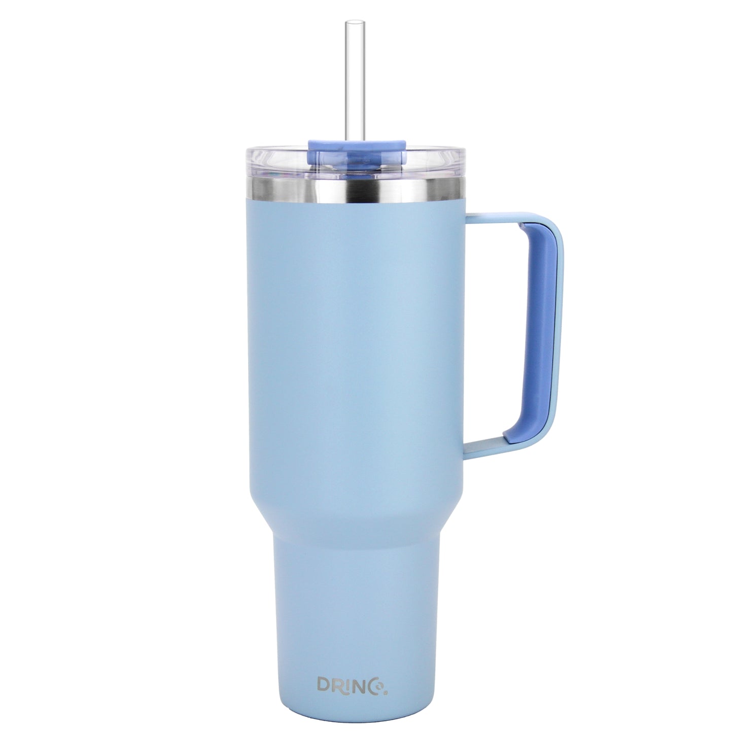Light blue insulated tumbler with handle and straw on a white background