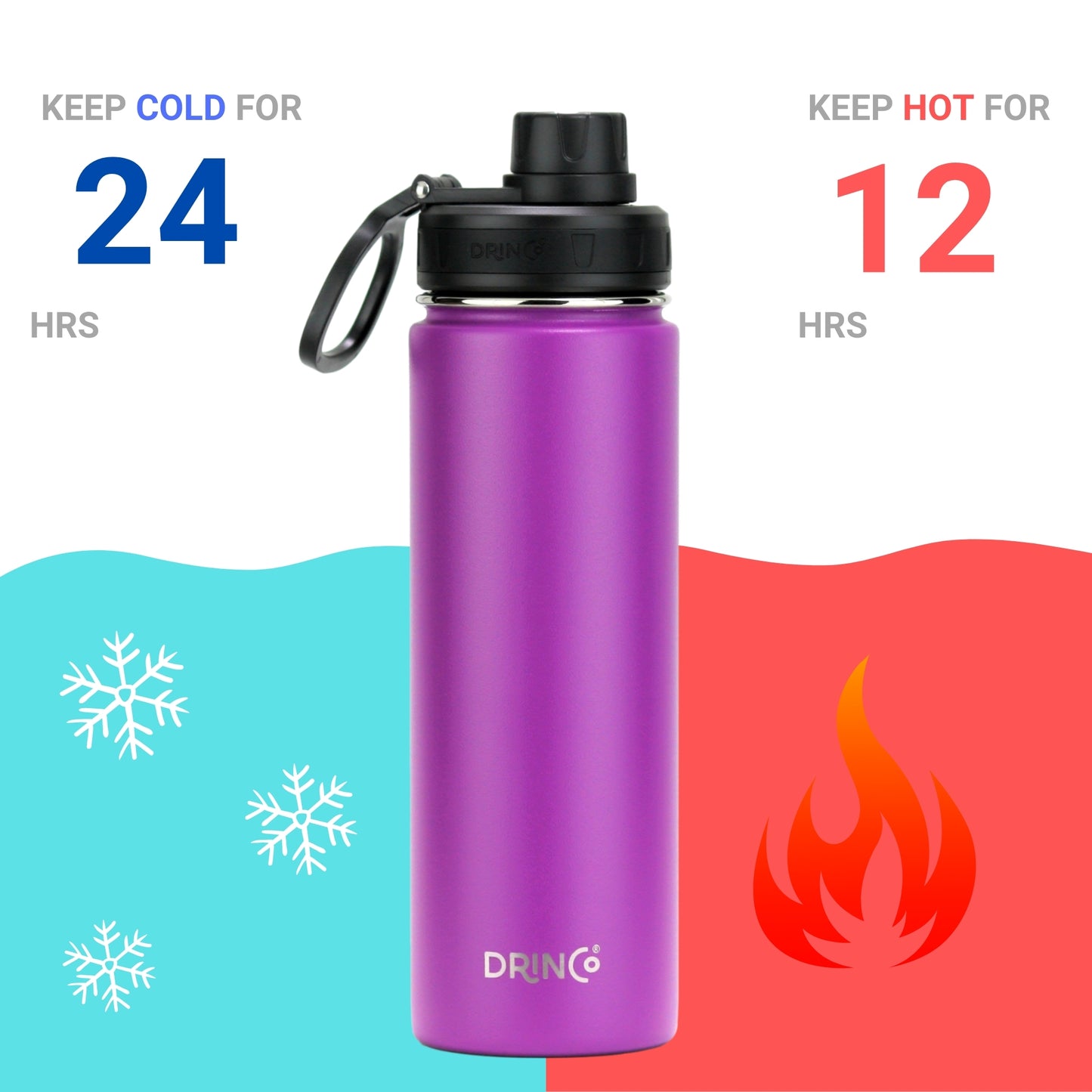 Purple insulated bottle with black lid on a colorful background, featuring text about temperature retention.