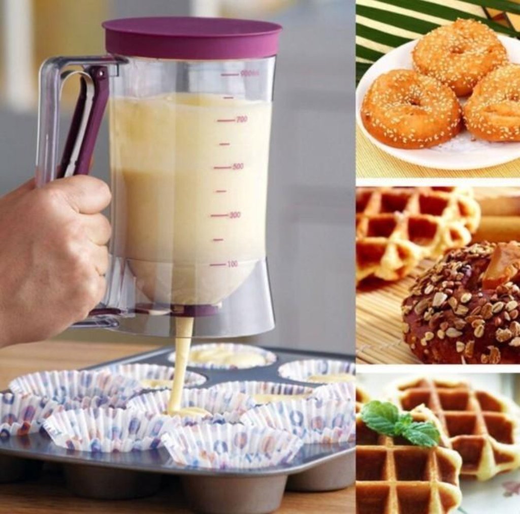 Collage of a person pouring batter into a muffin tin, a plate of bagels, and waffles.