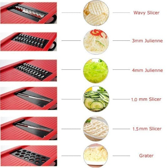 Red vegetable slicer with various cutting attachments and their corresponding slices on a white background.