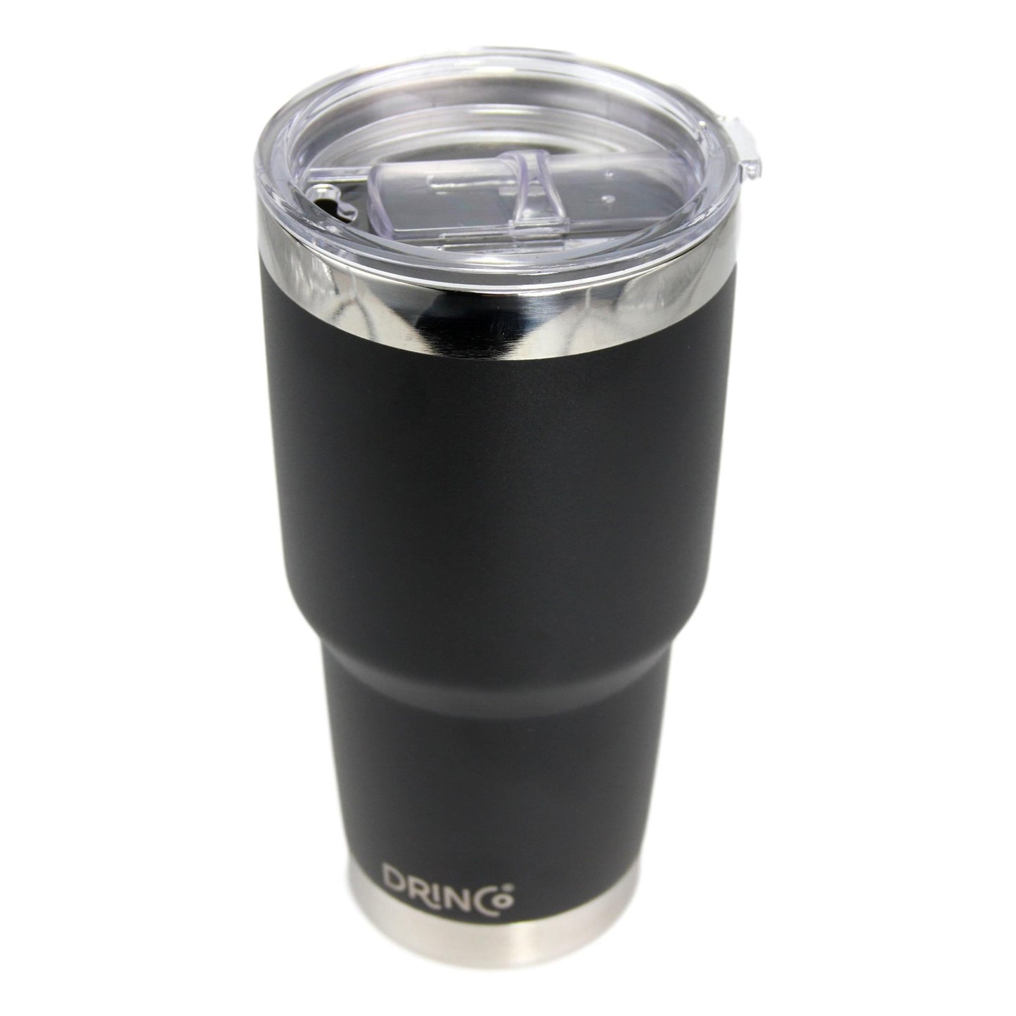 Black insulated tumbler with silver lid on a white background