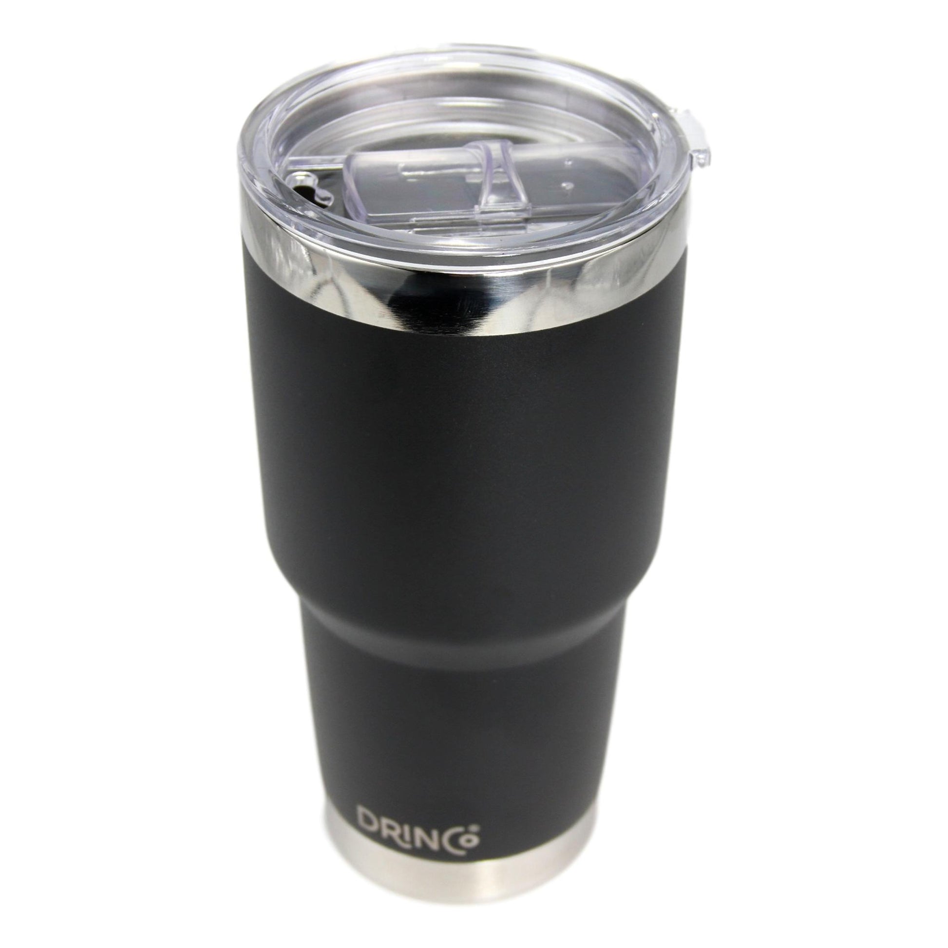 Black insulated tumbler with silver lid on a white background