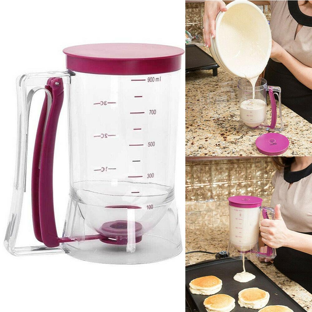 Clear measuring cup with pink lid and handle, used for pouring liquid into a container.