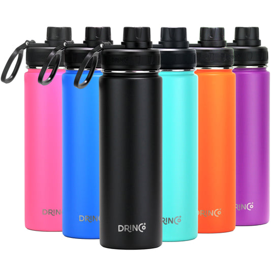 Set of colorful water bottles with black lids on a white background