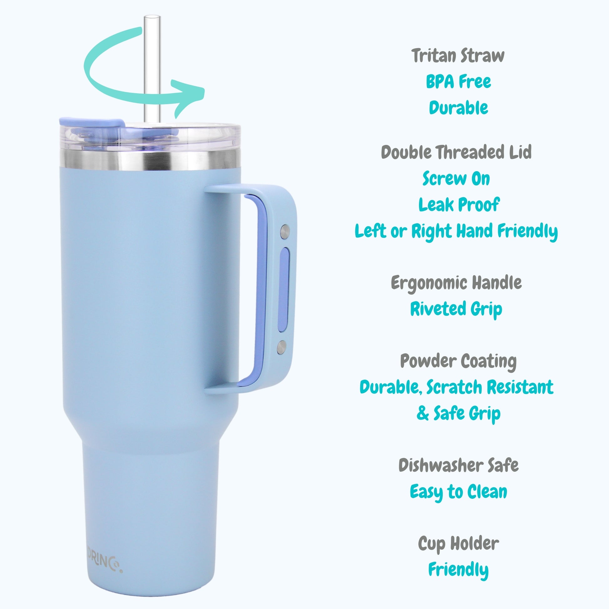 Light blue tumbler with features listed on a white background