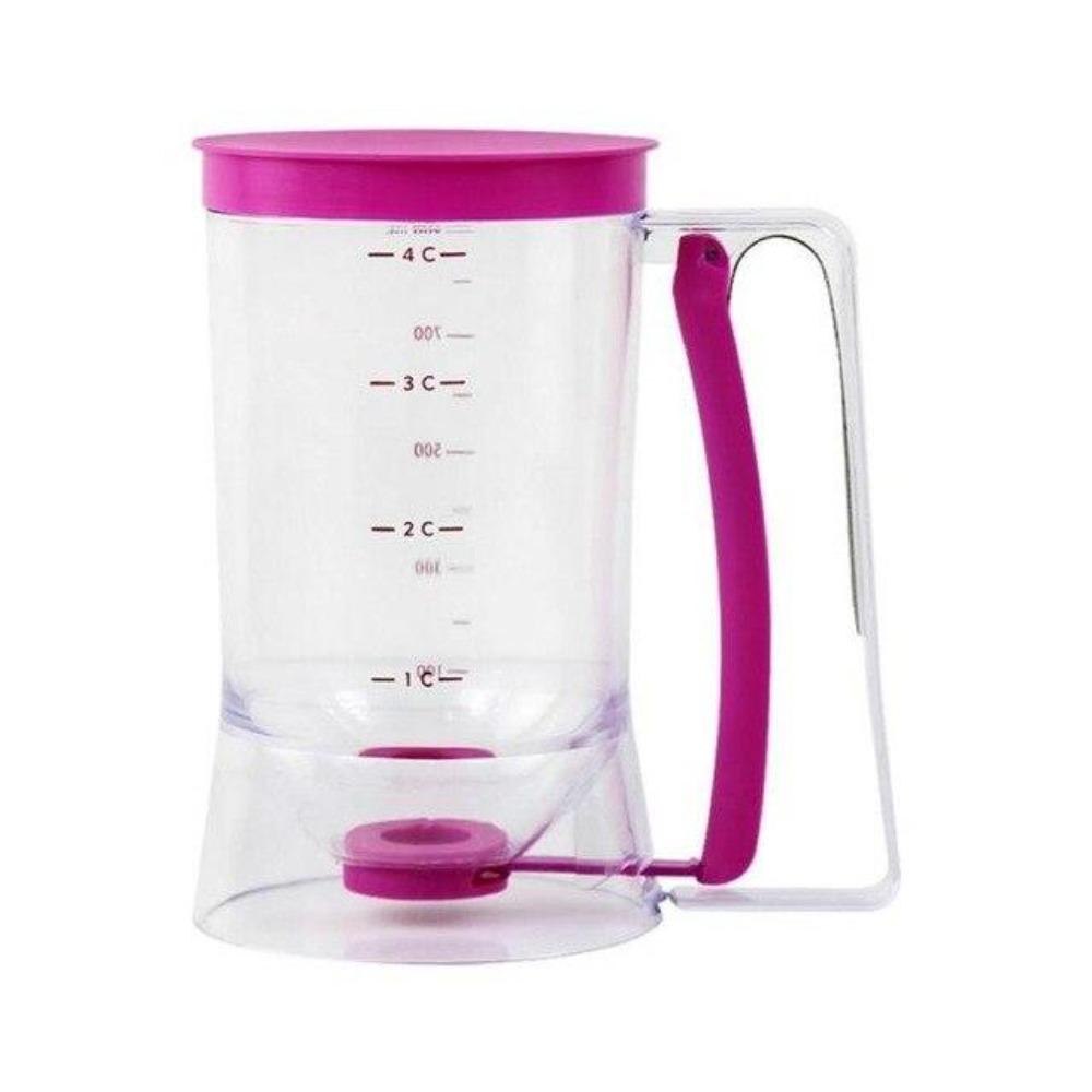 Clear pitcher with pink lid and handle on a white background
