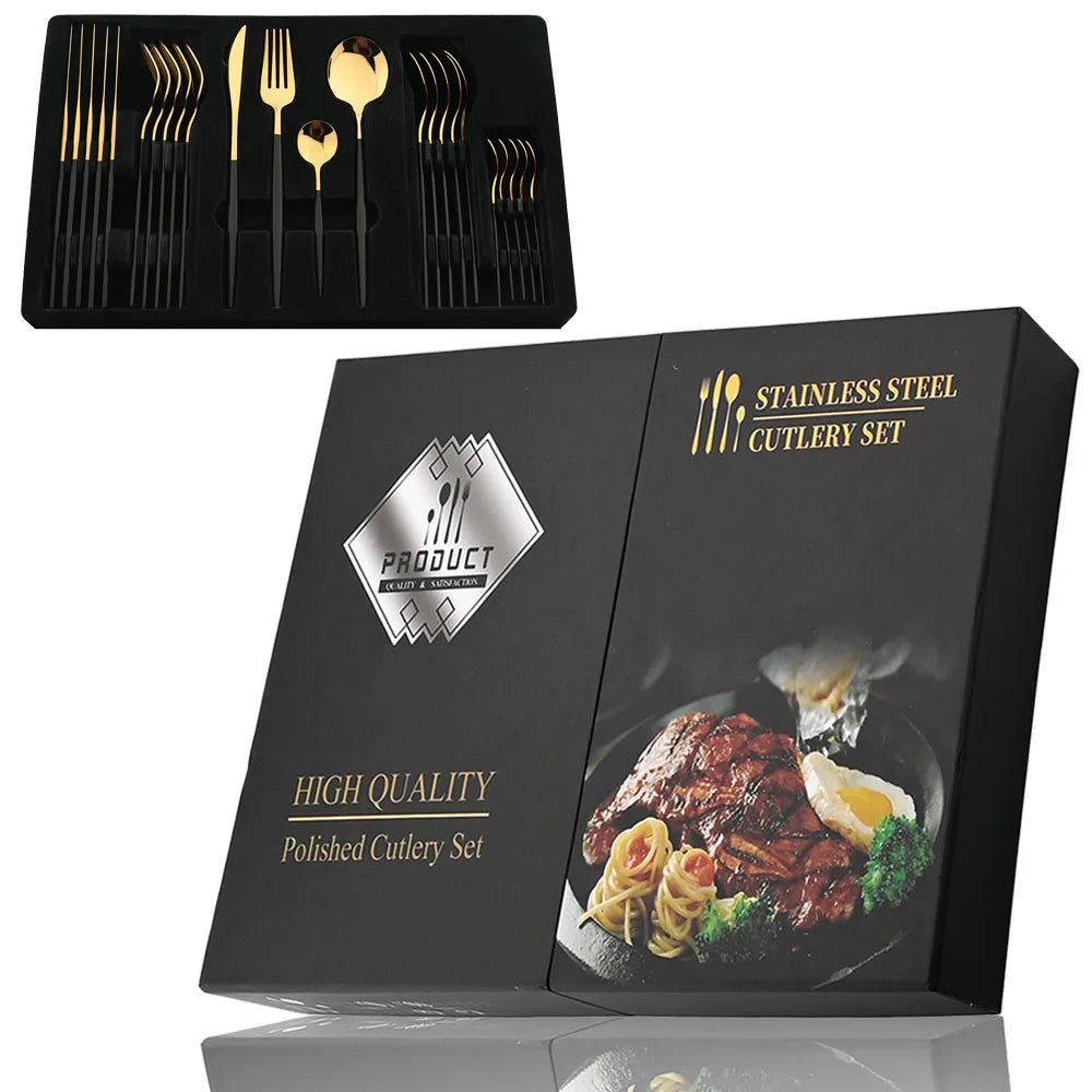 24-Piece Black Handle Gold Stainless Steel Cutlery Set