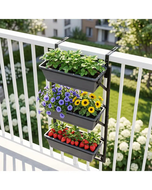 Deck Railing Planter Boxes with Adjustable Brackets & 3-Tier Design for Porch Patio-Black - Black - Plant Stands