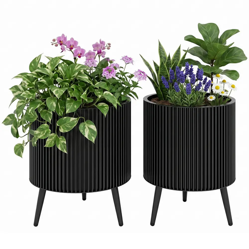 Decorative Flower Pots with Stand and Drainage Holes Set of 2-L - Raised Garden Beds
