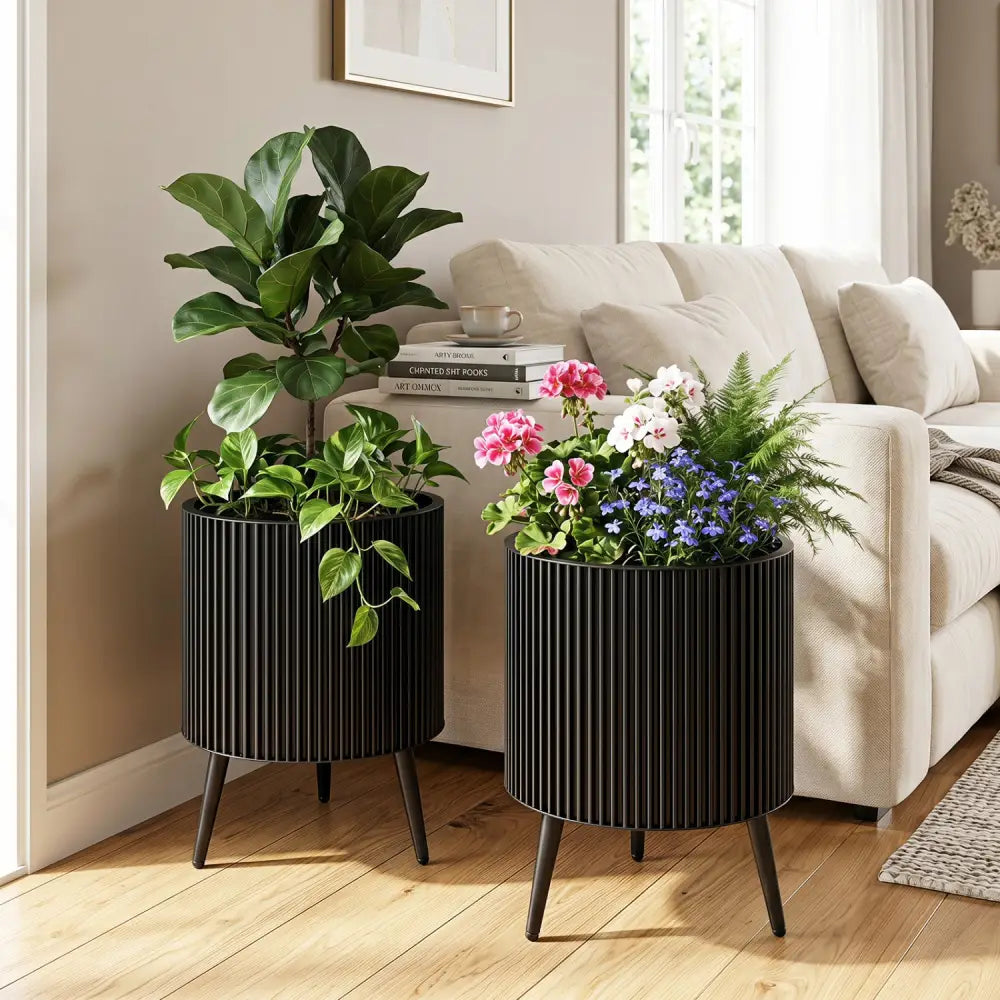 Decorative Flower Pots with Stand and Drainage Holes Set of 2-L - Raised Garden Beds