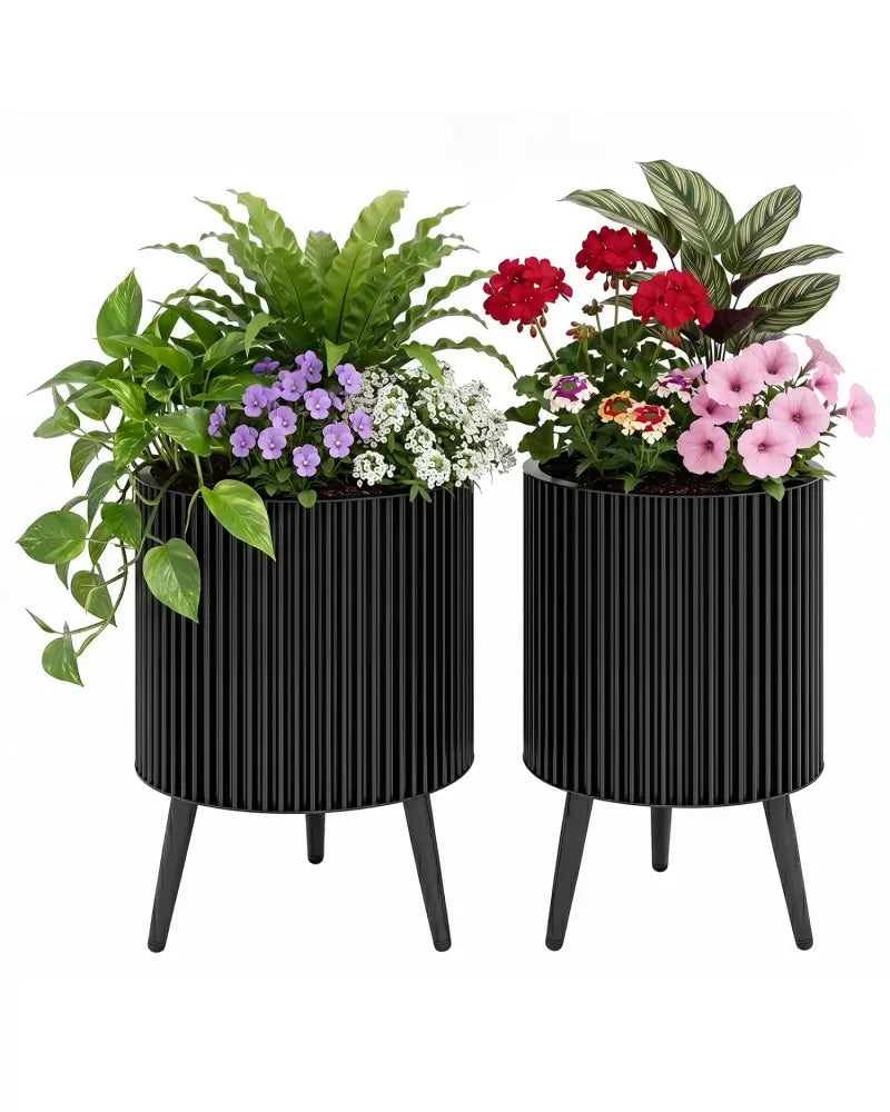 Decorative Flower Pots with Stand and Drainage Holes Set of 2-M - Raised Garden Beds