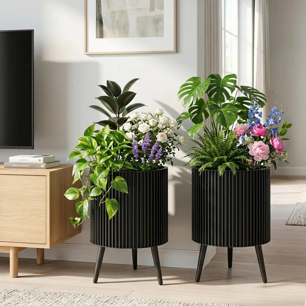 Decorative Flower Pots with Stand and Drainage Holes Set of 2-M - Raised Garden Beds
