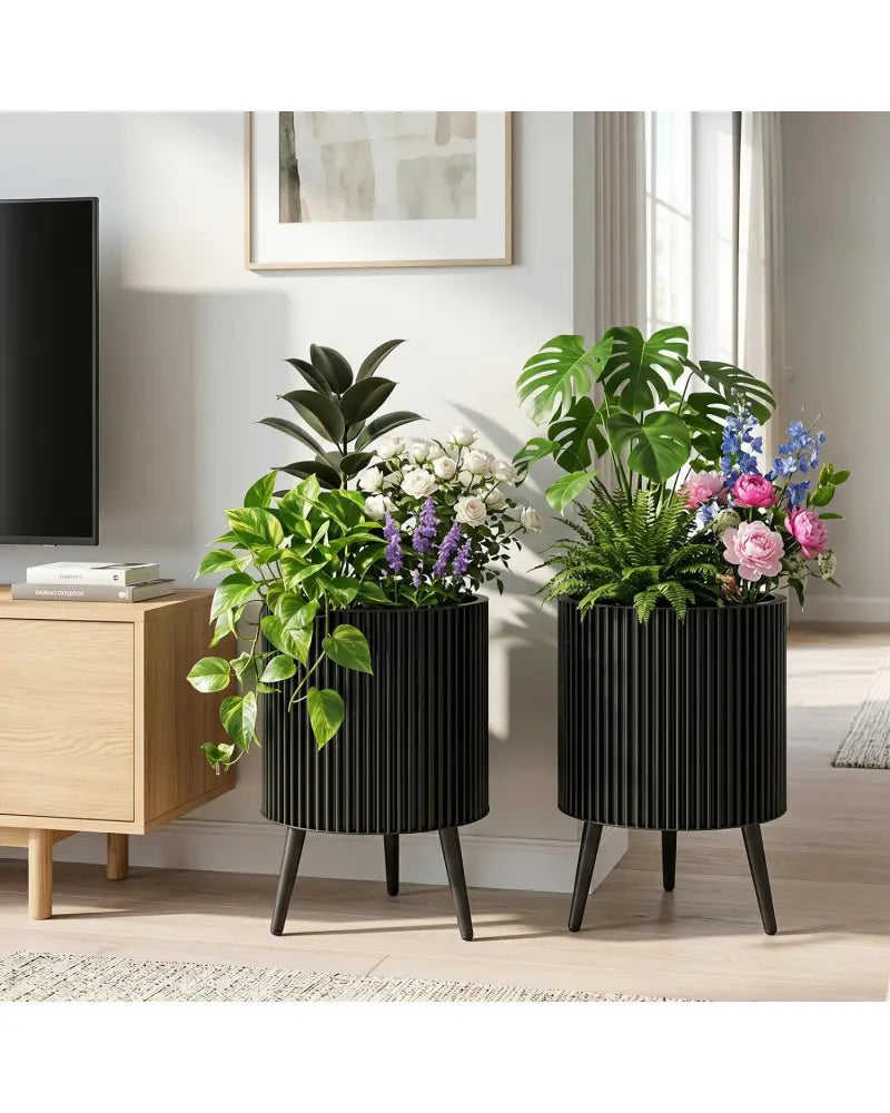 Decorative Flower Pots with Stand and Drainage Holes Set of 2-M - Raised Garden Beds