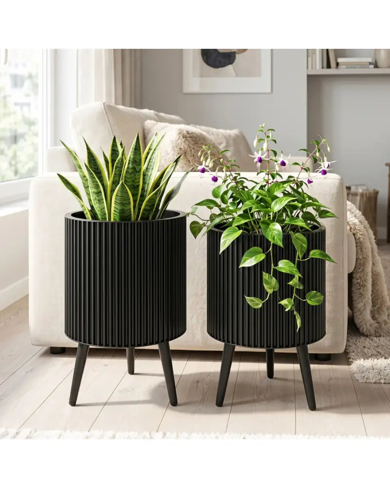 Decorative Flower Pots with Stand and Drainage Holes Set of 2-M - Raised Garden Beds