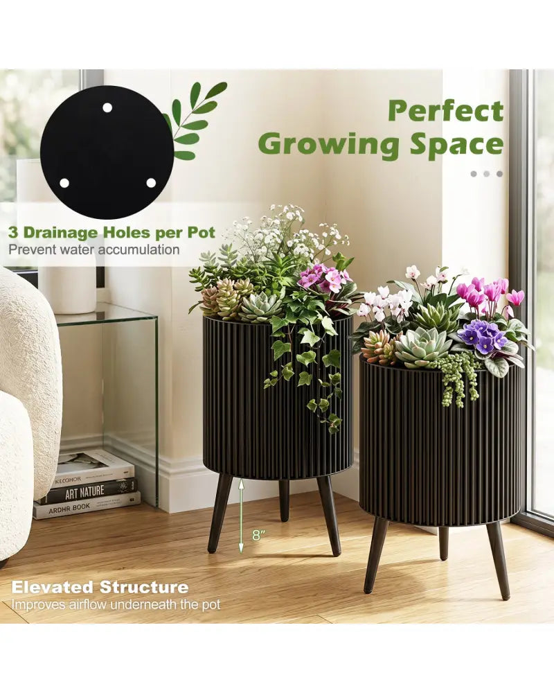 Decorative Flower Pots with Stand and Drainage Holes Set of 2-M - Raised Garden Beds