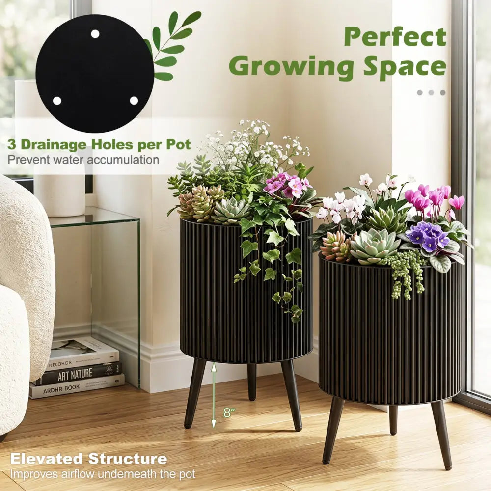 Decorative Flower Pots with Stand and Drainage Holes Set of 2-M - Raised Garden Beds