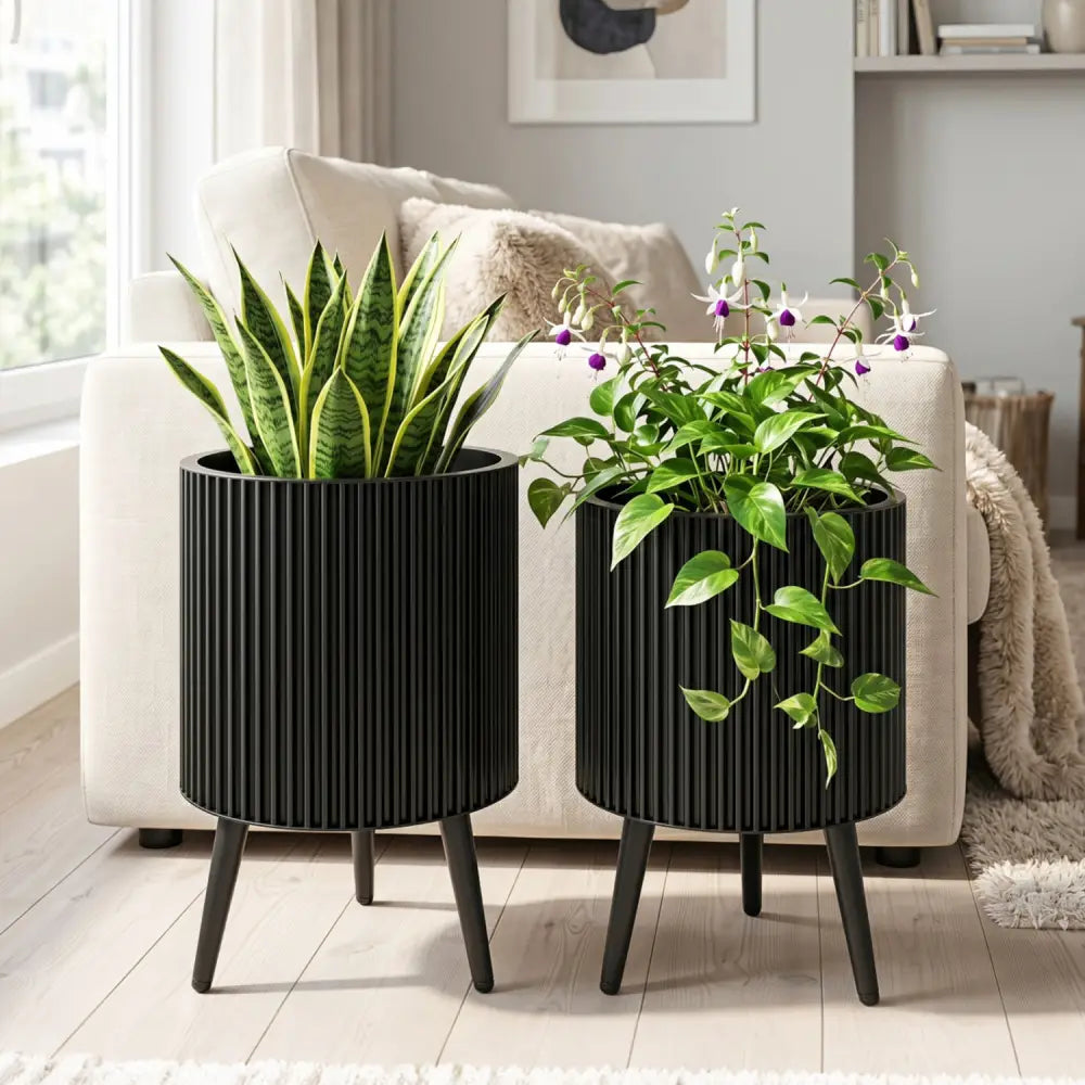 Decorative Flower Pots with Stand and Drainage Holes Set of 2-M - Raised Garden Beds