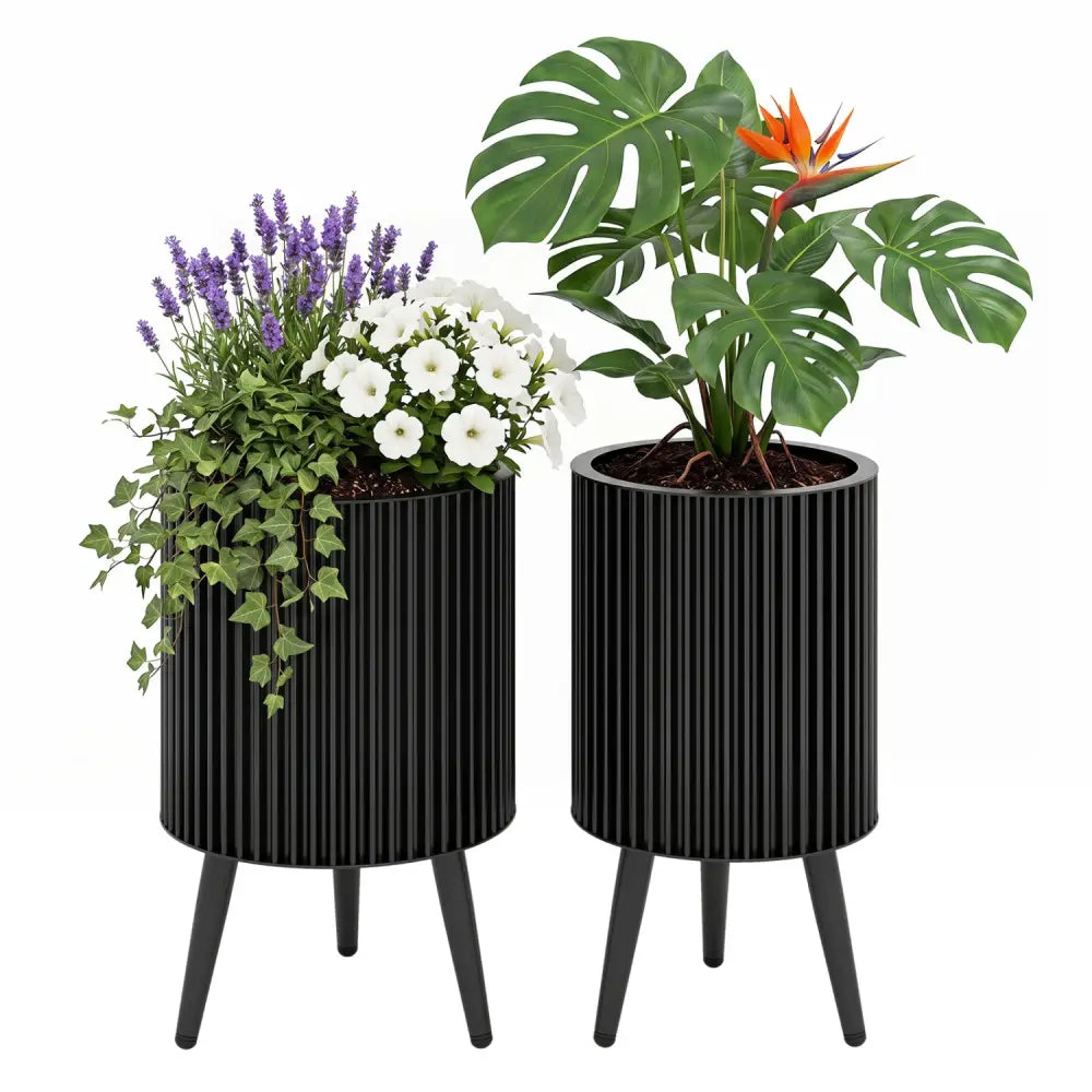 Decorative Flower Pots with Stand and Drainage Holes Set of 2-S - Raised Garden Beds