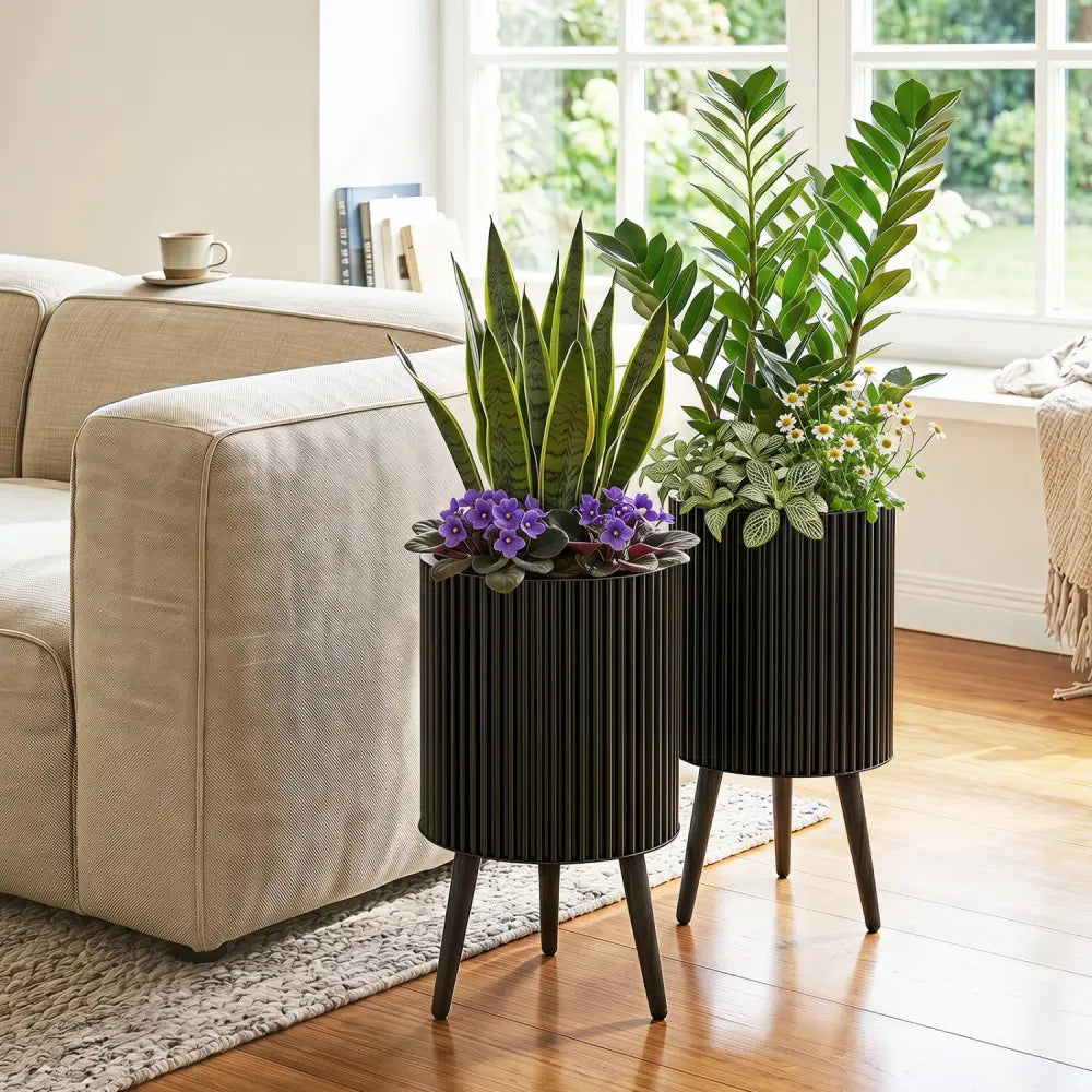 Decorative Flower Pots with Stand and Drainage Holes Set of 2-S - Raised Garden Beds