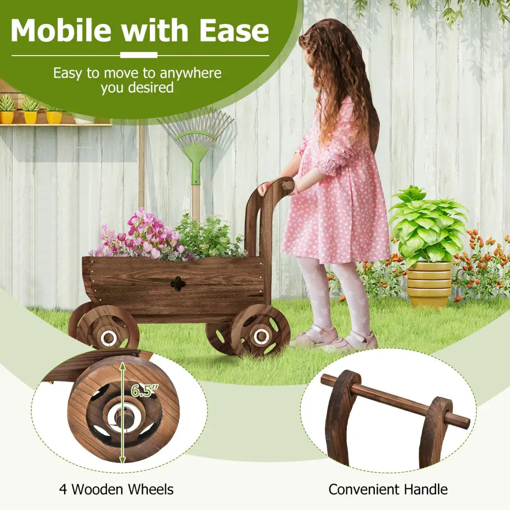Decorative Wooden Wagon Cart with Handle Wheels and Drainage Hole-Rustic Brown - Rustic Brown - Raised Garden Beds