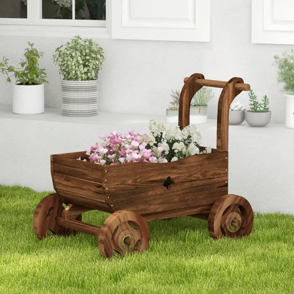 Decorative Wooden Wagon Cart with Handle Wheels and Drainage Hole-Rustic Brown - Rustic Brown - Raised Garden Beds