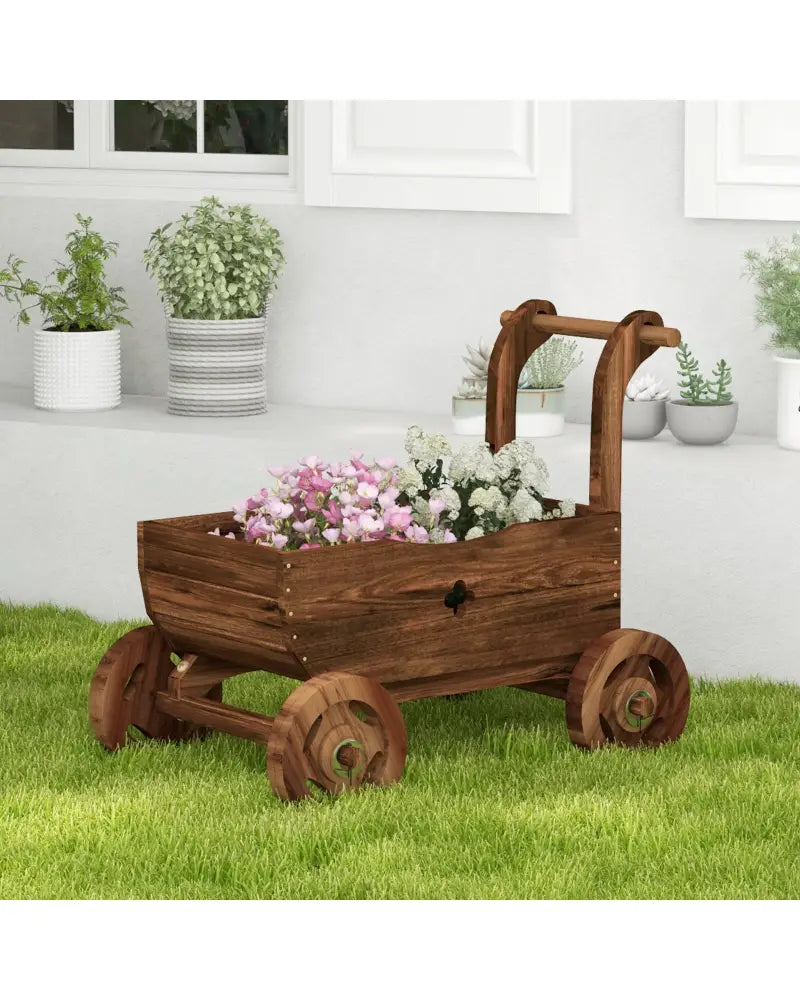 Decorative Wooden Wagon Cart with Handle Wheels and Drainage Hole-Rustic Brown - Rustic Brown - Raised Garden Beds