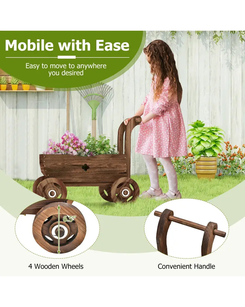 Decorative Wooden Wagon Cart with Handle Wheels and Drainage Hole-Rustic Brown - Rustic Brown - Raised Garden Beds