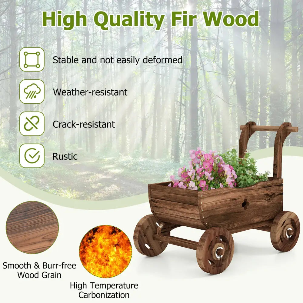 Decorative Wooden Wagon Cart with Handle Wheels and Drainage Hole-Rustic Brown - Rustic Brown - Raised Garden Beds