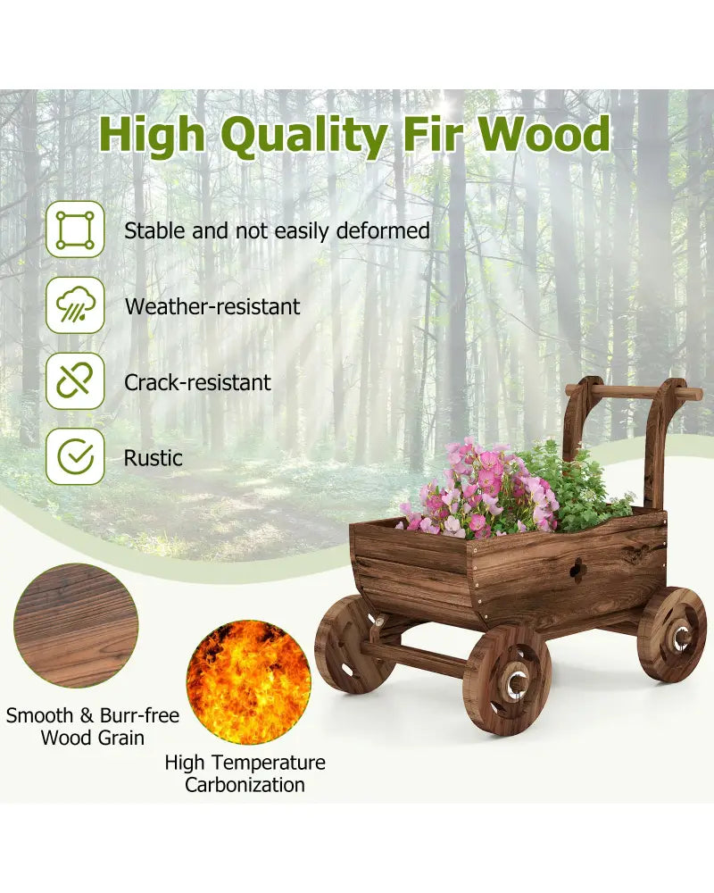 Decorative Wooden Wagon Cart with Handle Wheels and Drainage Hole-Rustic Brown - Rustic Brown - Raised Garden Beds
