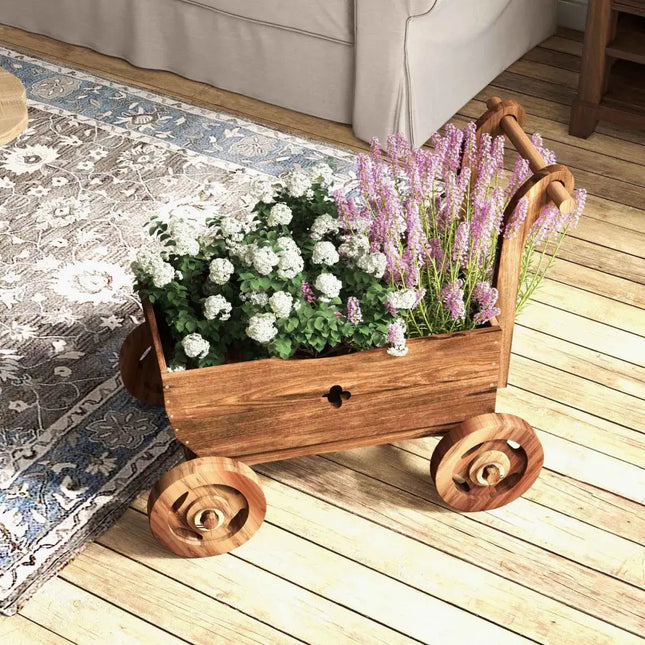 Decorative Wooden Wagon Cart with Handle Wheels and Drainage Hole-Rustic Brown - Rustic Brown - Raised Garden Beds