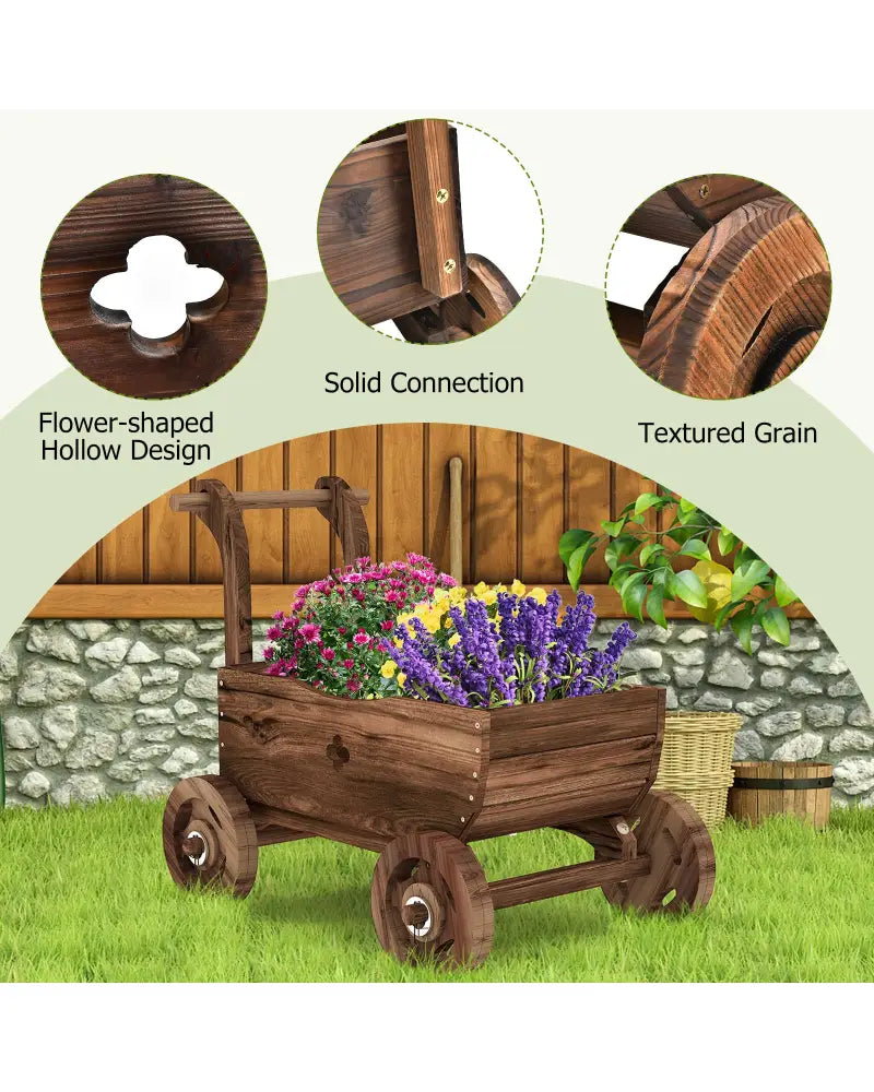Decorative Wooden Wagon Cart with Handle Wheels and Drainage Hole-Rustic Brown - Rustic Brown - Raised Garden Beds