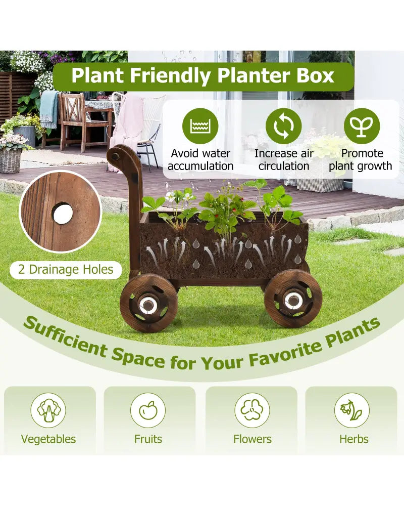 Decorative Wooden Wagon Cart with Handle Wheels and Drainage Hole-Rustic Brown - Rustic Brown - Raised Garden Beds