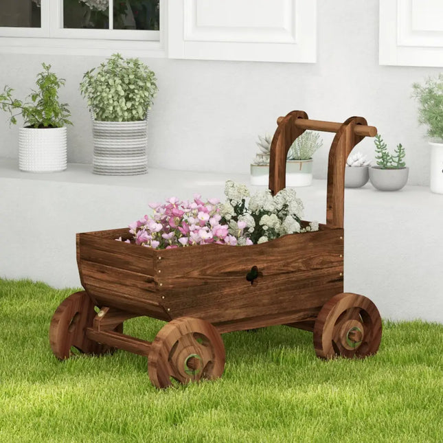 Decorative Wooden Wagon Cart with Handle Wheels and Drainage Hole-Rustic Brown - Rustic Brown - Raised Garden Beds