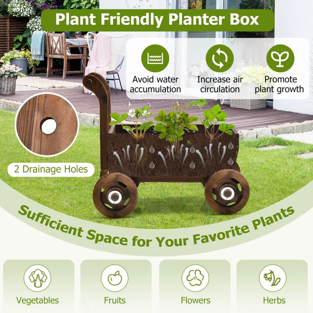 Decorative Wooden Wagon Cart with Handle Wheels and Drainage Hole-Rustic Brown - Rustic Brown - Raised Garden Beds