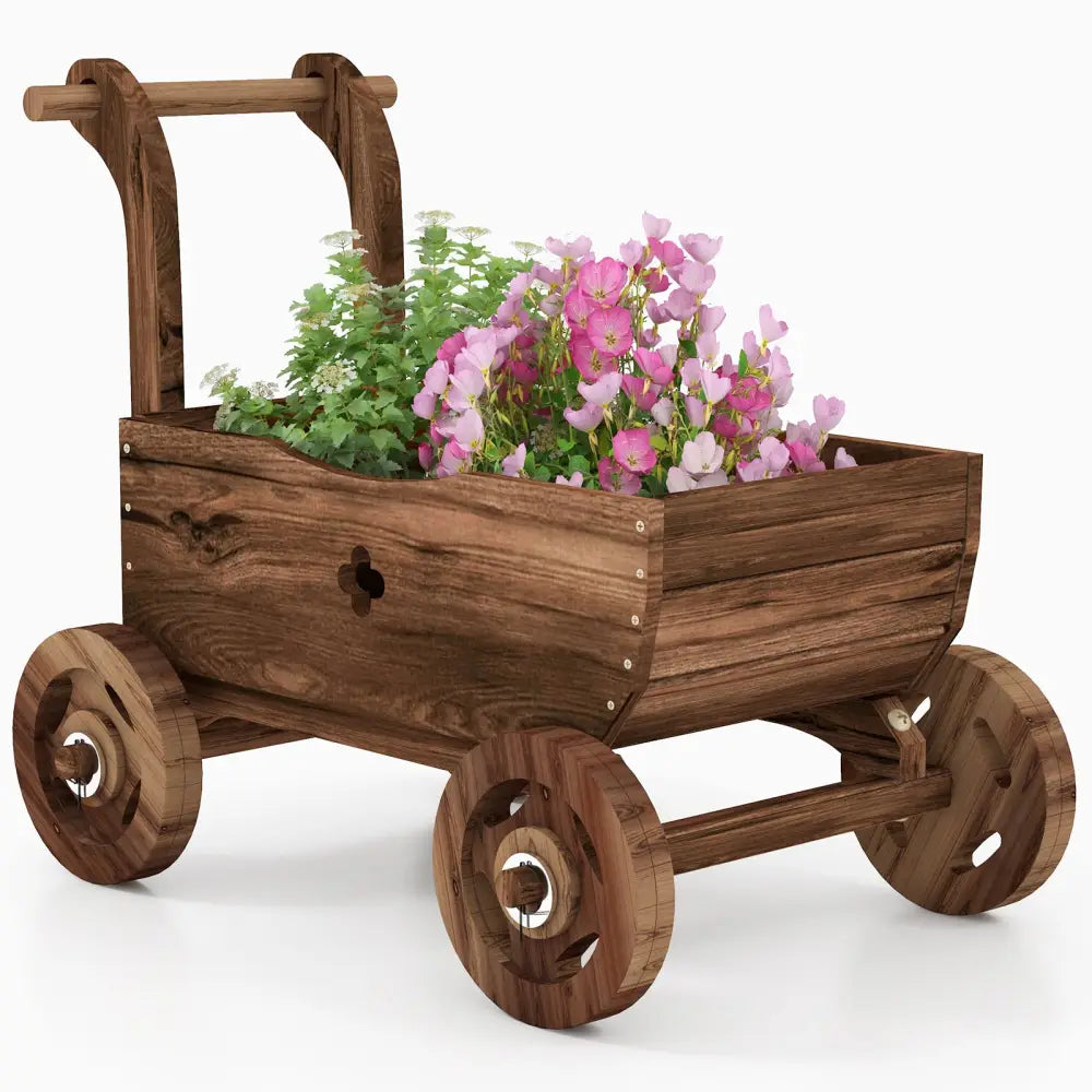 Decorative Wooden Wagon Cart with Handle Wheels and Drainage Hole-Rustic Brown - Rustic Brown - Raised Garden Beds