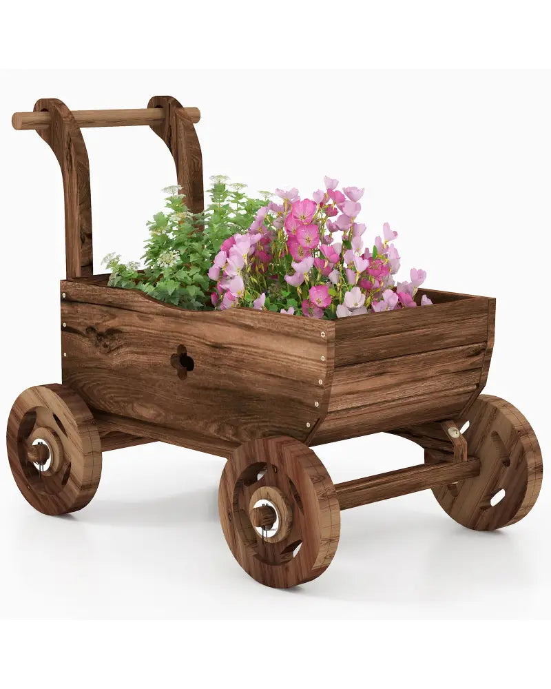 Decorative Wooden Wagon Cart with Handle Wheels and Drainage Hole-Rustic Brown - Rustic Brown - Raised Garden Beds