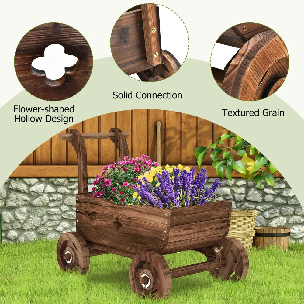Decorative Wooden Wagon Cart with Handle Wheels and Drainage Hole-Rustic Brown - Rustic Brown - Raised Garden Beds