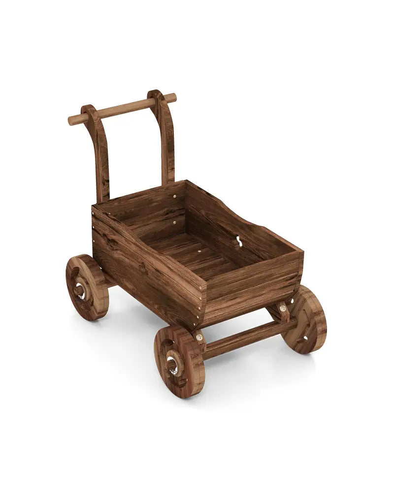 Decorative Wooden Wagon Cart with Handle Wheels and Drainage Hole-Rustic Brown - Rustic Brown - Raised Garden Beds