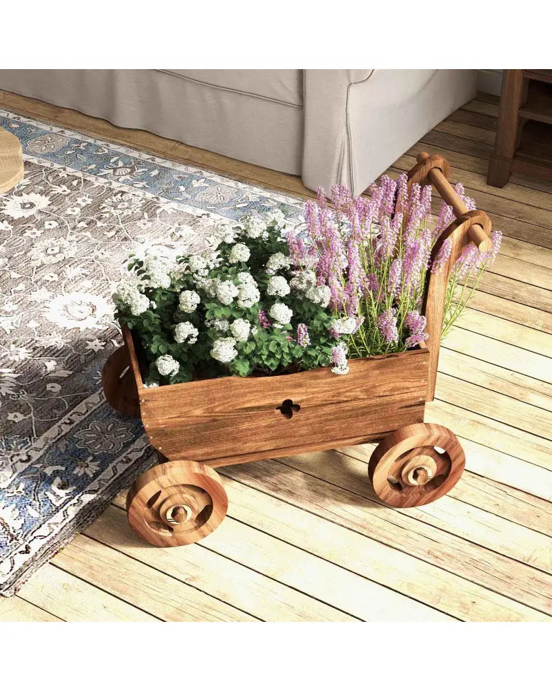 Decorative Wooden Wagon Cart with Handle Wheels and Drainage Hole-Rustic Brown - Rustic Brown - Raised Garden Beds