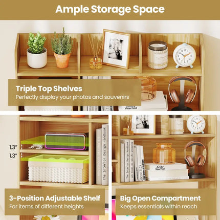 Desktop Bookshelf Countertop Storage Hutch with 6 Shelves-Beige - Beige - Bookcases